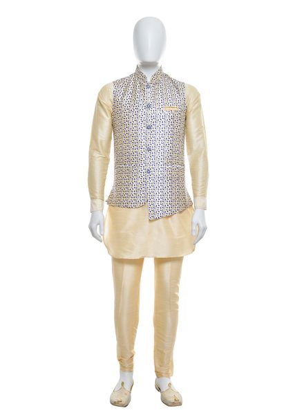 Kurta Pajama Polyester Cotton Party Wear Regular Fit Stand Collar Full Sleeves Printed Regular La Scoot Bridges Pants With Waistcoat